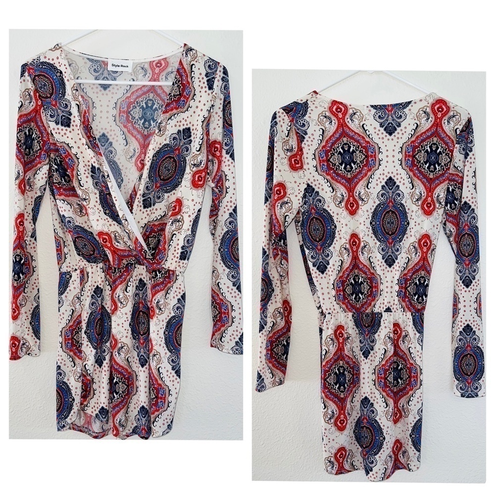 Style Rack Long Sleeve Paisley Print Faux Wrap Mini Dress size small